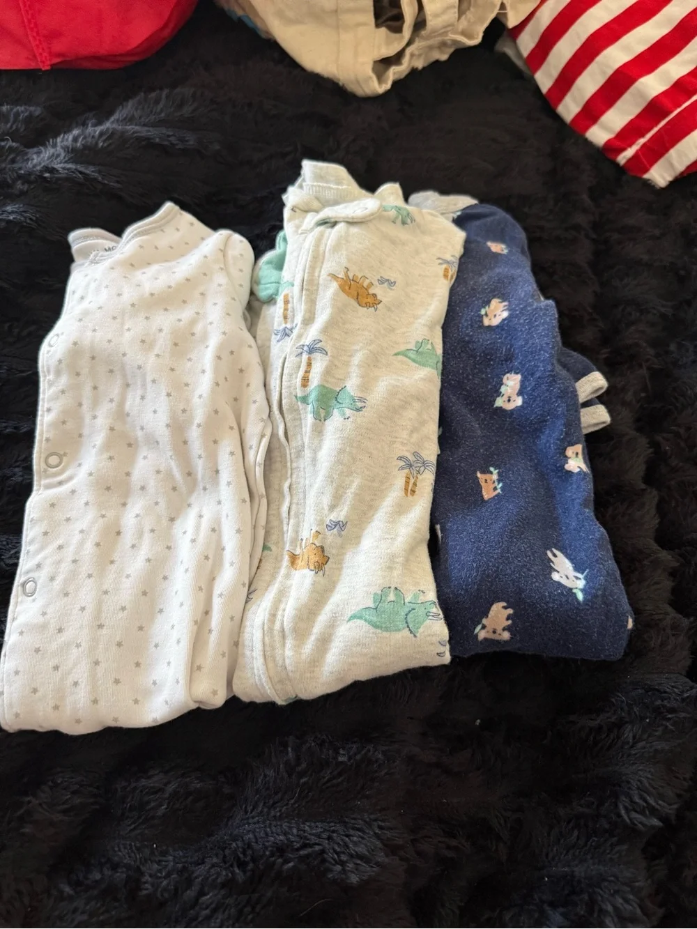 Footie sleepers in White, Light Gray, and Navy